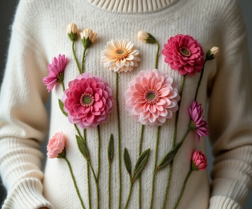 Embroidered flowers covering small holes on a cashmere sweater as artistic repair