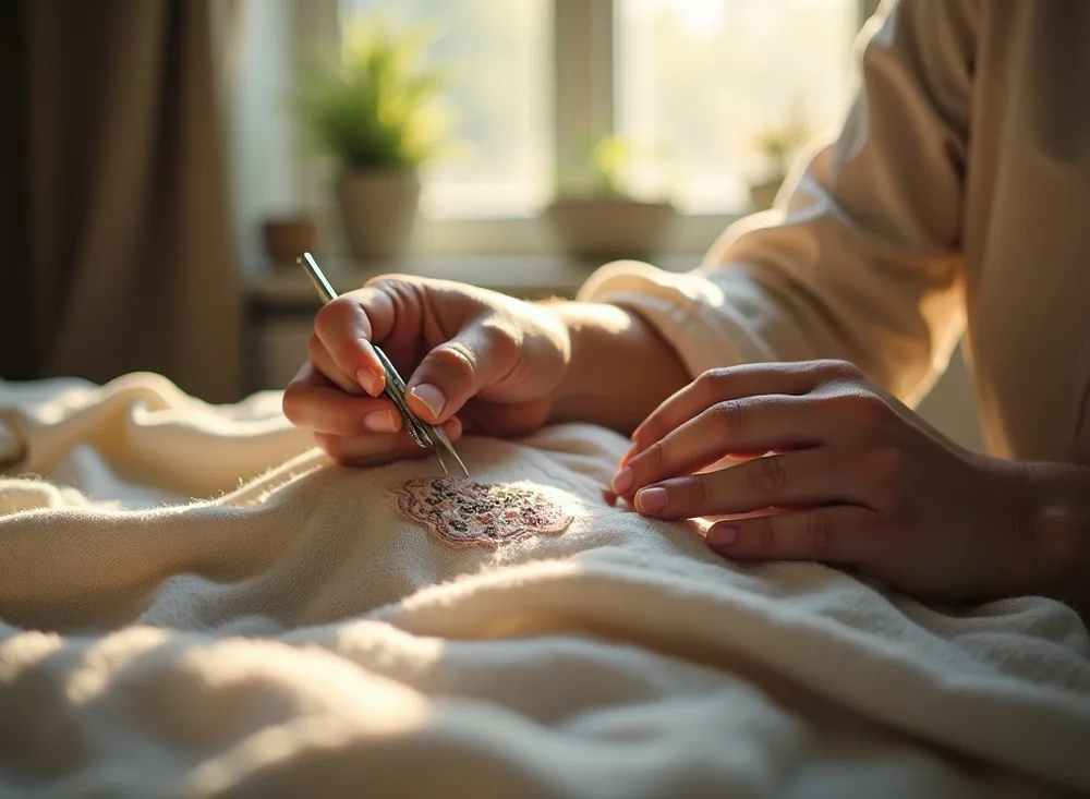 Hands embroidering a fabric patch onto a vintage linen shirt in soft morning window light