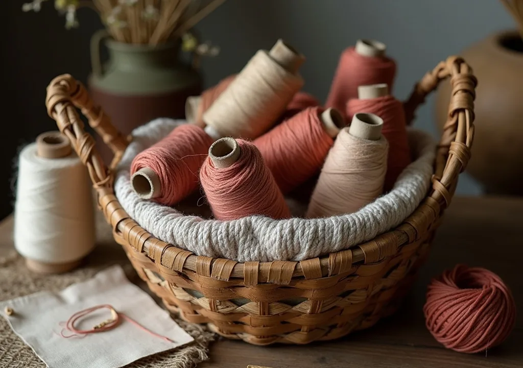 Rustic basket filled with thread spools in earth tones beside a mending project