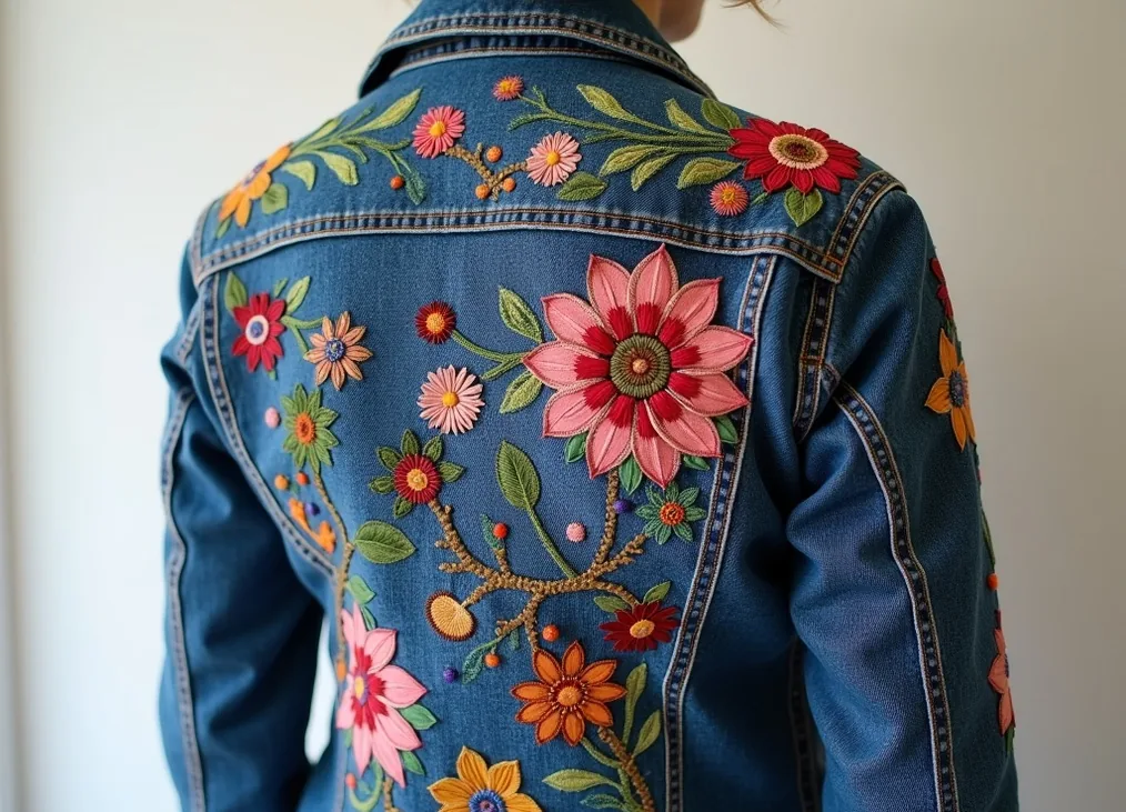 Upcycled denim jacket covered in extensive decorative embroidery presented as wearable art