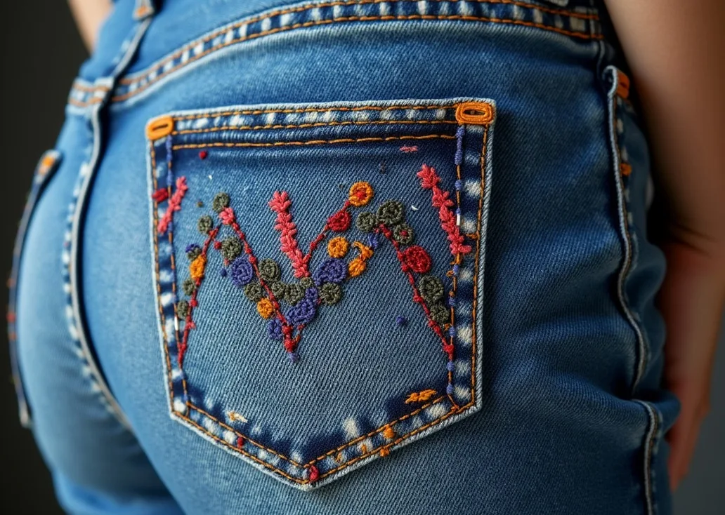 Close up of visible sashiko mending stitches in colorful thread on worn denim jeans